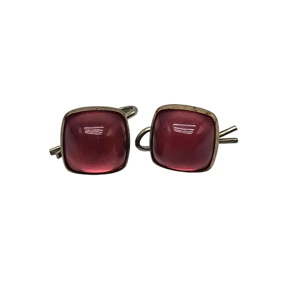 Vintage Square Pink Lucite Cabochon Clip-On Earrings Gold Tone Art Deco